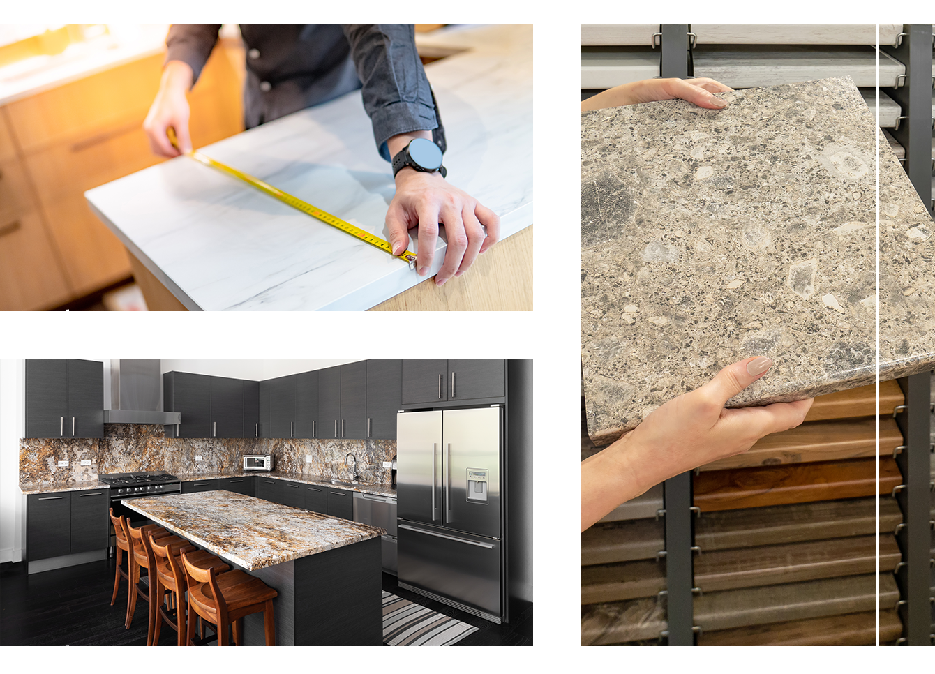 A collage of different types of kitchen countertops.