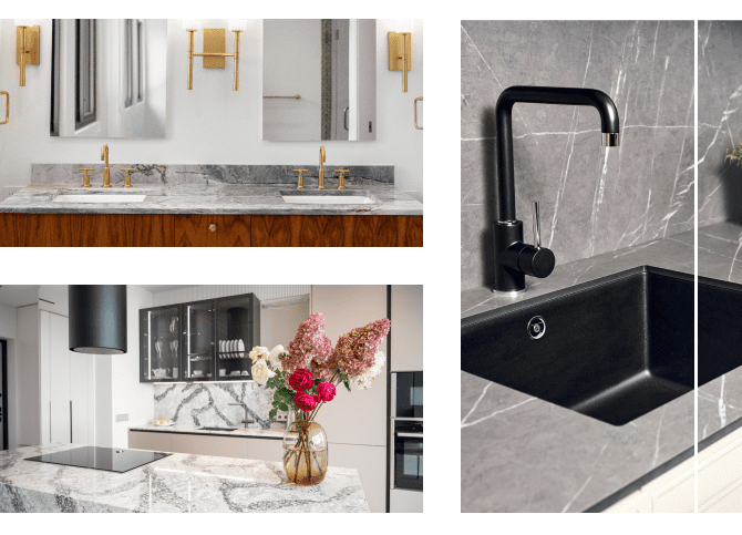 Collage of modern kitchens: two with marble countertops, gold and black faucets, and light fixtures; a third features a marble island with a vase of flowers.