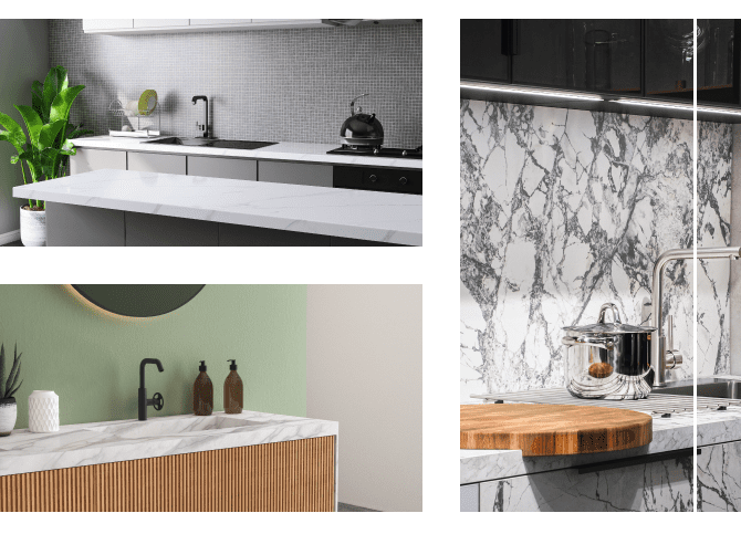 Collage of modern kitchen designs featuring marble countertops, sleek sinks, and various backsplash styles, including a plant and kitchenware accents.