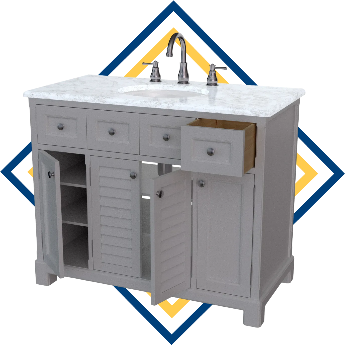 Bathroom vanity with marble countertop, sink, and faucet. Features four drawers and two open cabinet doors with empty shelves.