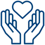 Two hands outlined in blue, facing upwards with a blue heart shape above them.