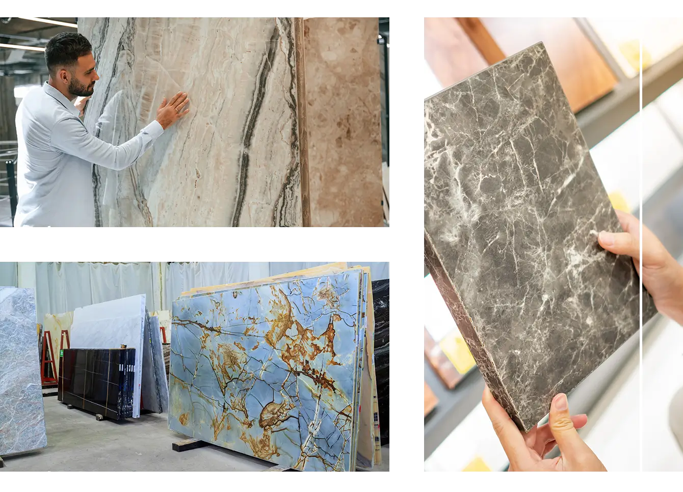 Person inspecting marble slabs and tile samples