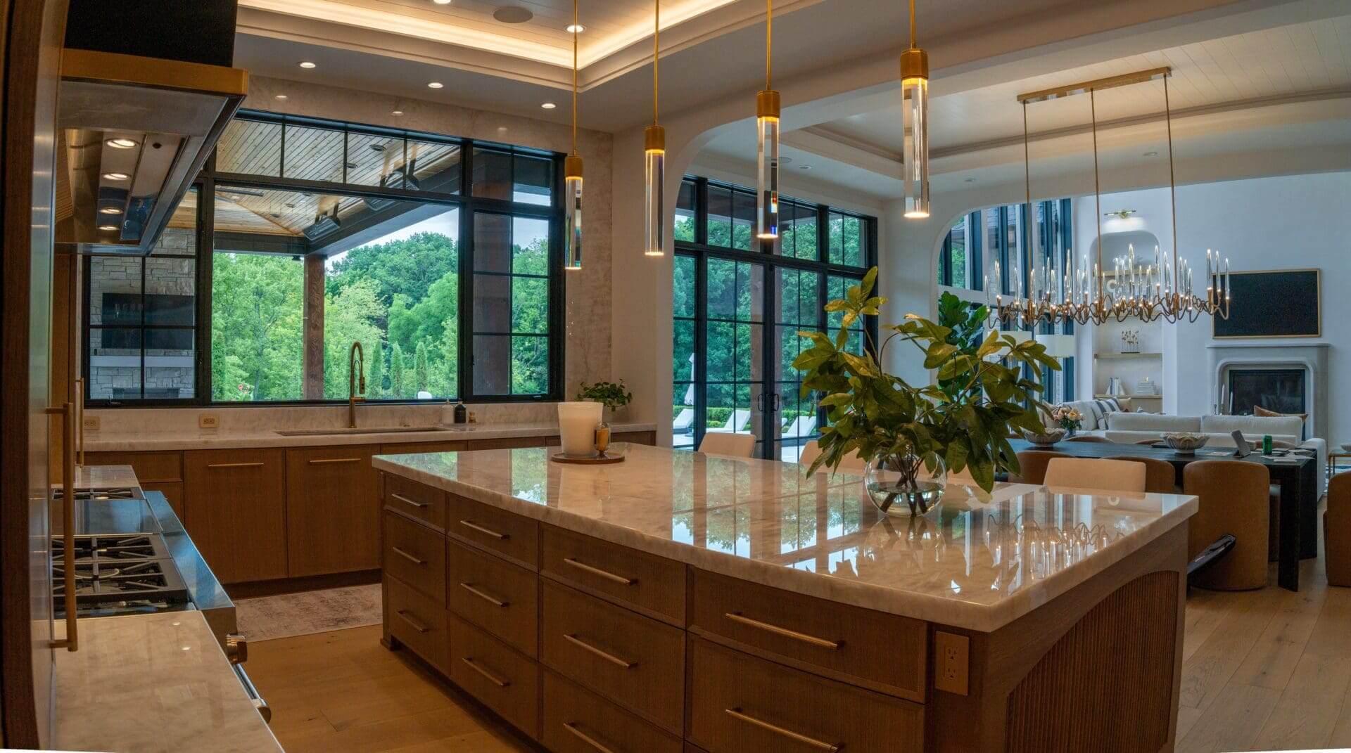 Open kitchen with island and pendant lights
