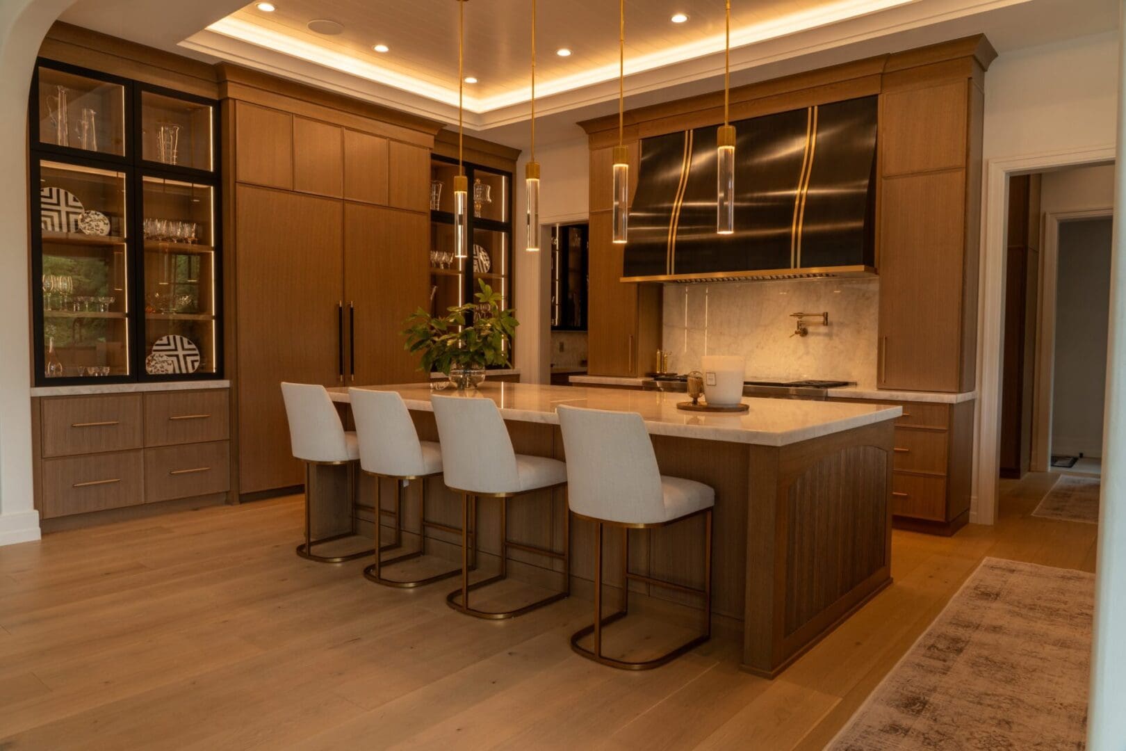 Modern wood kitchen island with four stools